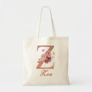 Letter Z Blush pink Glitter Floral Monogram  Tote Bag