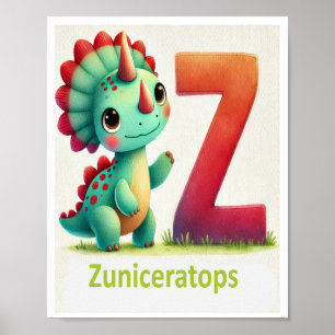 Letter Z, Dinosaur Alphabet Watercolor Poster