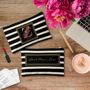 Letter Z Floral Monogram Black White Gold Stripes Accessory Pouch