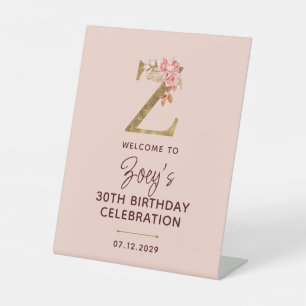 Letter Z Gold Monogram Blush Pink Roses Sign