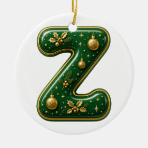 Letter Z Green Gold Bauble Christmas Monogram Ceramic Tree Decoration