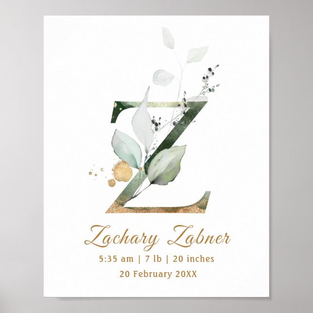 Letter Z green & gold foliage Baby Birth Poster (Front)
