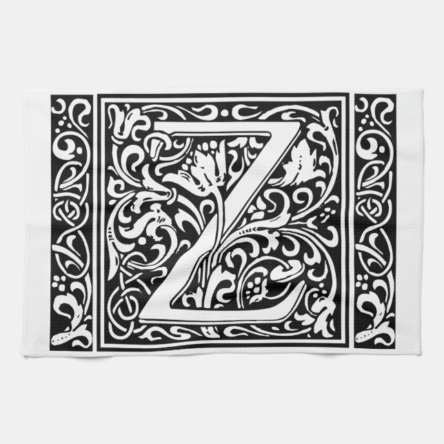 Letter Z Mediaeval Monogram Art Nouveau Tea Towel (Horizontal)