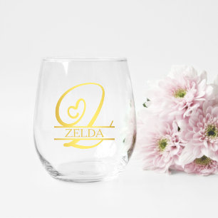 Letter Z Monogram Bridesmaid Gift, Modern Elegant Stemless Wine Glass