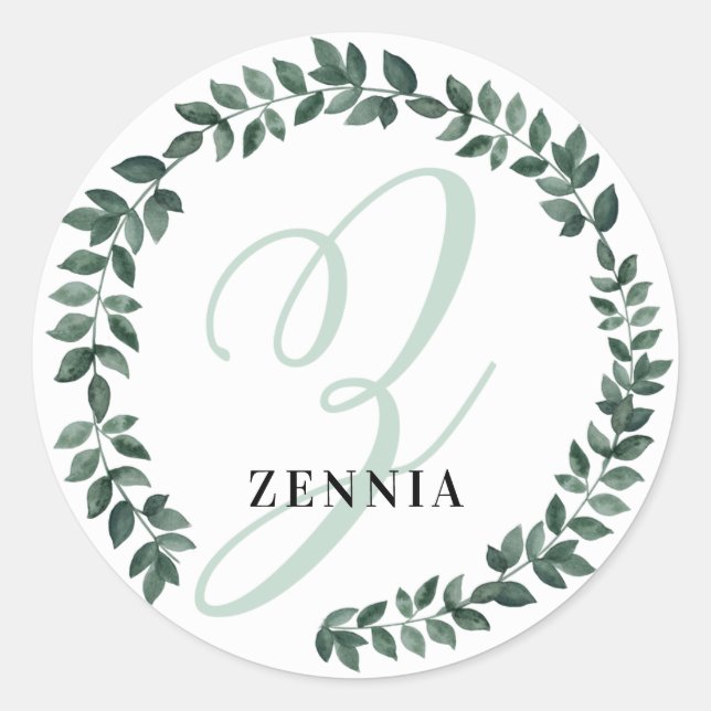 Letter Z Monogram Custom Name Minimalist Botanical Classic Round Sticker (Front)