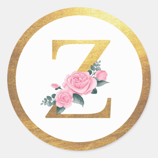 Letter Z Monogram Pink Roses Floral & Elegant Gold Classic Round Sticker (Front)