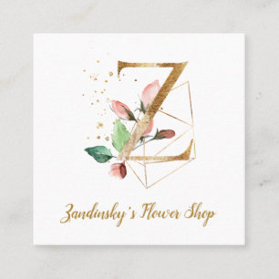 Letter Z with Gold Geometric Design and Flowers Square Business Card