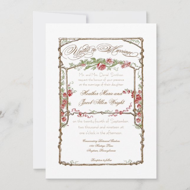 Letterpress Style Vintage Faux Bois Trellis - Red Invitation (Front)