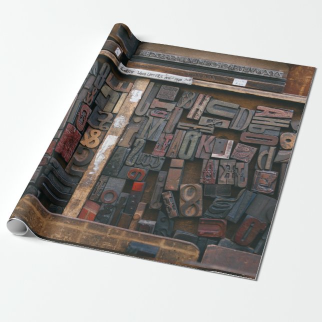 Letterpress Wood Type Decoupage Wrapping Paper (Unrolled)