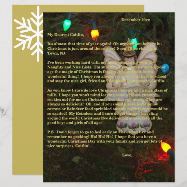 Letters from Santa Gold Angel Lights Name  (Front/Back)