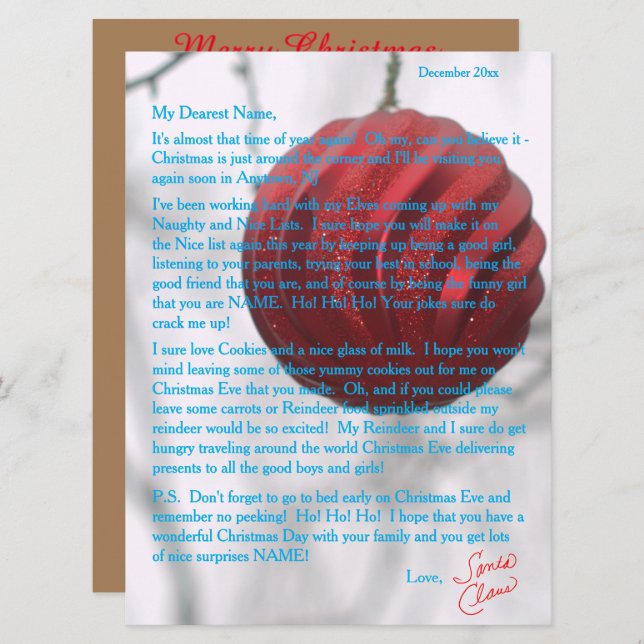 Letters from Santa Red Ornament Holiday Card (Front/Back)