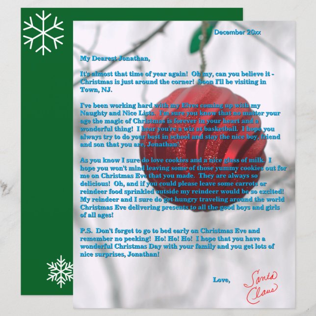 Letters from Santa Tweens Red Ornament Green (Front/Back)