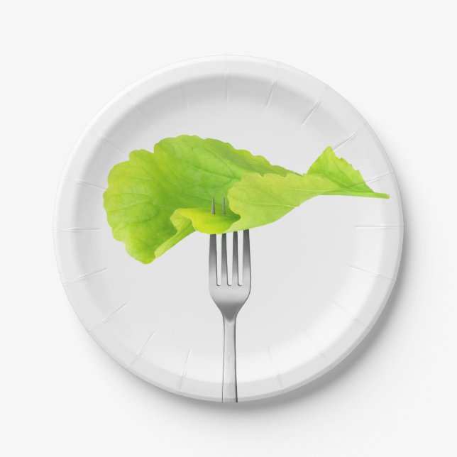 Lettuce leaf on a fork paper plate (Front)