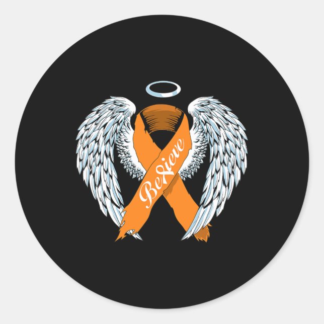 Leukaemia Awareness Believe Orange Ribbon and Ange Classic Round Sticker (Front)