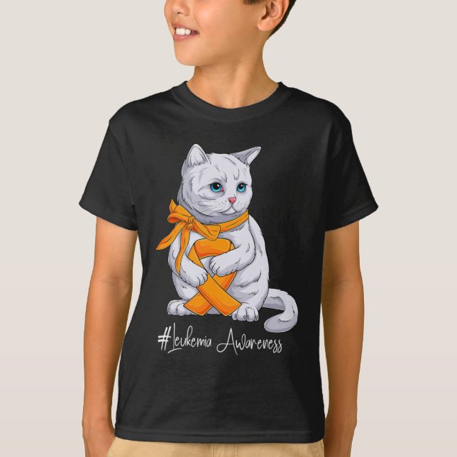 Leukaemia Awareness Month Orange Ribbon Cat  T-Shirt (Front)