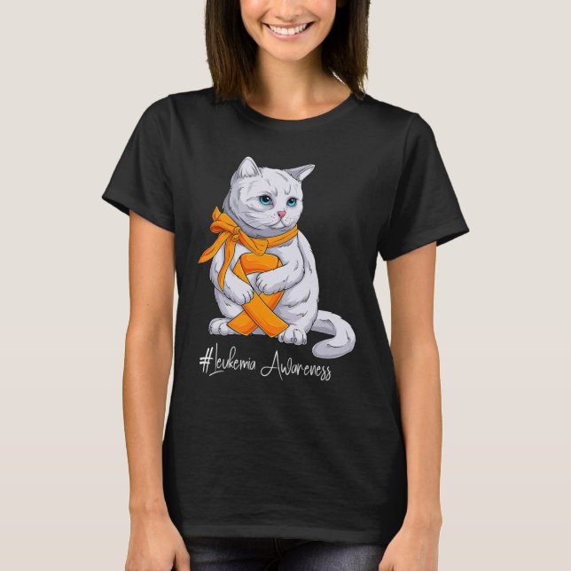Leukaemia Awareness Month Orange Ribbon Cat  T-Shirt (Front)