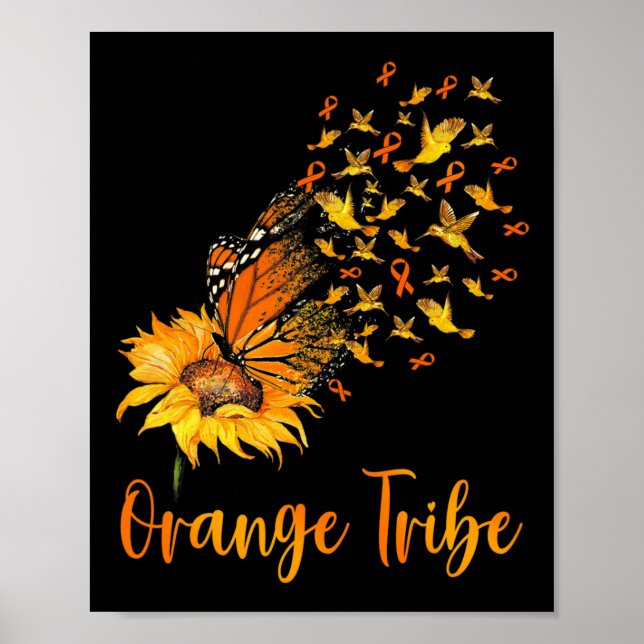 Leukaemia Awareness Sunflower Butterfly Orange Rib Poster (Front)