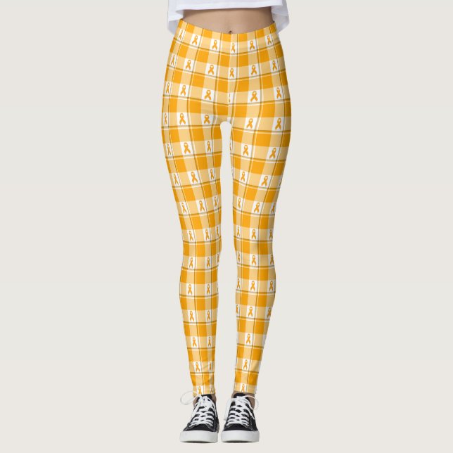 Leukemia Awareness Plaid Orange Ribbon Leggings (Front)