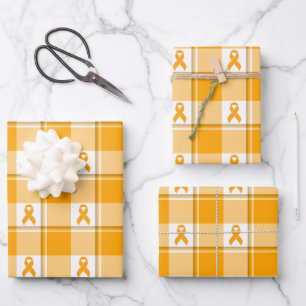 Leukemia Awareness Plaid Orange Ribbon Wrapping Paper Sheet