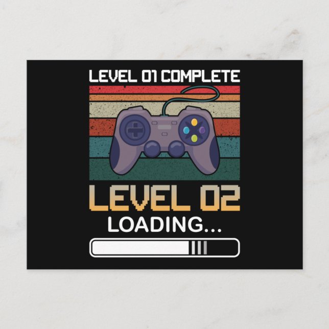 Level 01 Complete Level 02 | Birthday Video Game Postcard (Front)