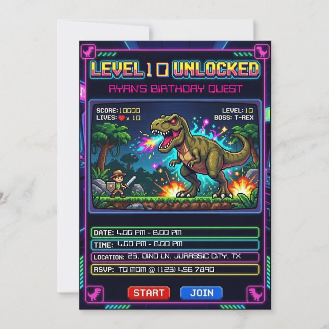 Level 10 Arcade Game T Rex Boys Birthday  Invitation (Front)