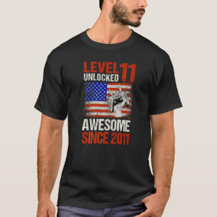 Level 11 Unlocked Since 2011 Usa Flag 11th Birthda T-Shirt
