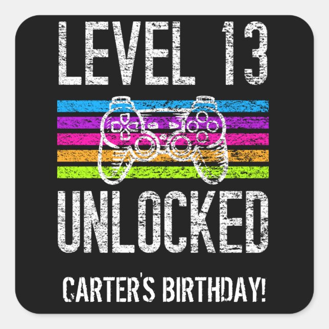 Level 13 Unlocked 13th Birthday Personalised Gamer Square Sticker (Front)