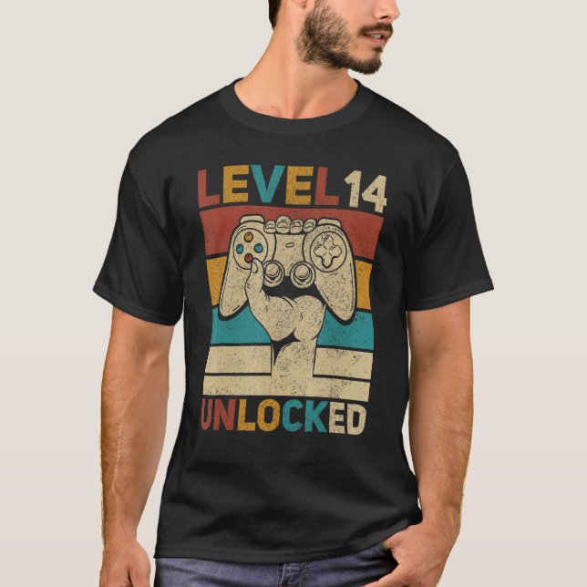 Level 14 Year Old Unlocked 14th Birthday Gamer Tee (Front)