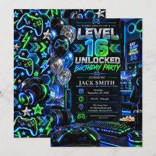 Level 16 Unlocked Gaming Birthday Party Invitation