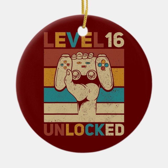 Level 16 Year Old Unlocked 16th Birthday Gamer Ceramic Tree Decoration (Front)