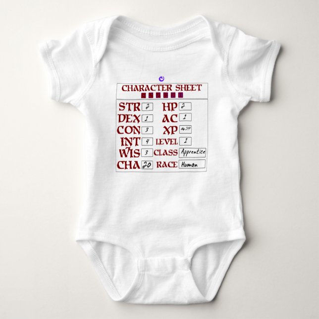 Level 1 Human Baby RPG Character Sheet Bodysuit (Front)