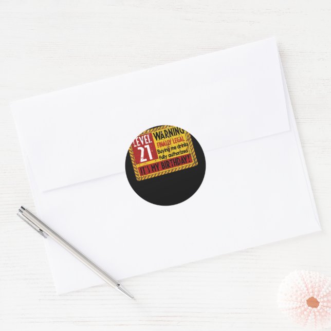 Level 21 Years Old 21st Birthday Warning Finally Classic Round Sticker (Envelope)