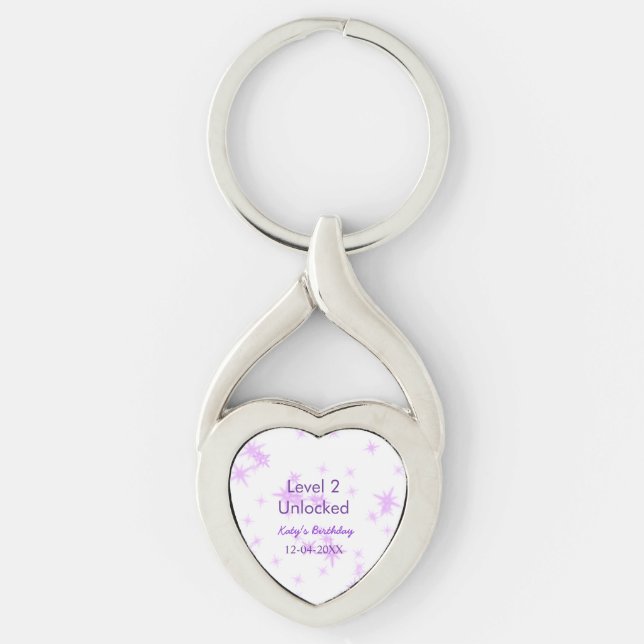 Level 2 unlocked add birthday name date purple spa key ring (Front)