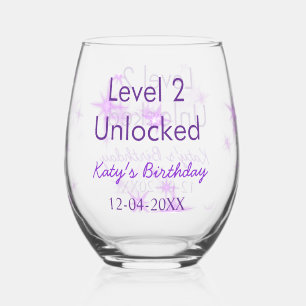 Level 2 unlocked add birthday name date purple spa stemless wine glass