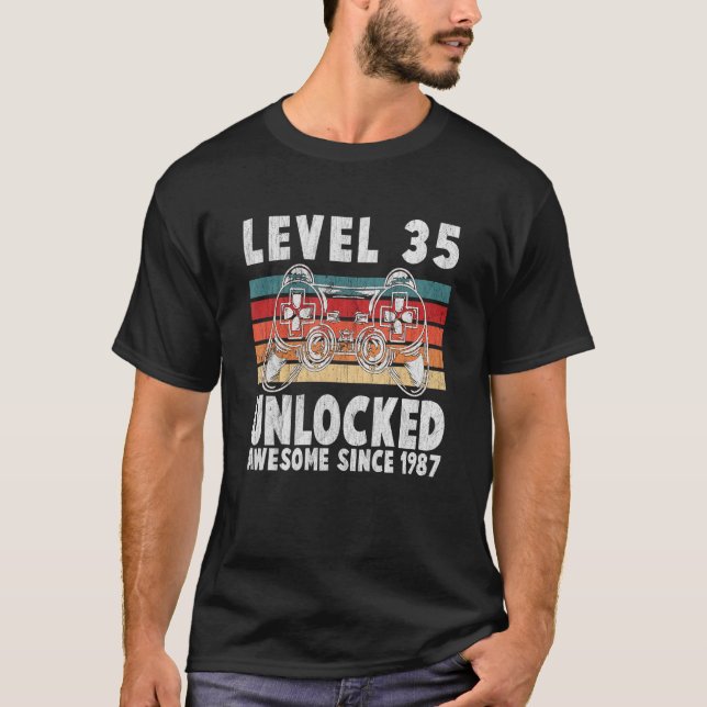Level 35 Unlocked Awesome Since 1987 Retro Birthda T-Shirt (Front)