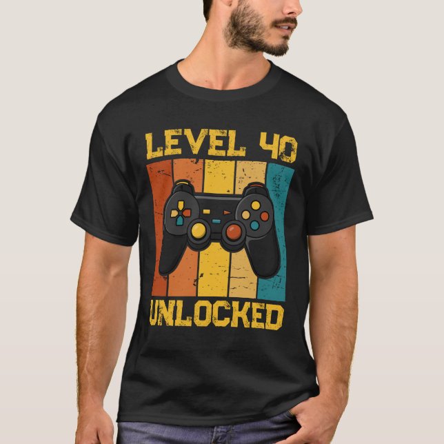 Level 40th Unlocked Retro Birthday T-Shirt (Front)