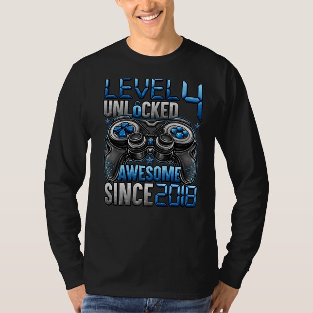 Level 4 Unlocked Awesome Since 2018 4th Birthday   T-Shirt (Front)