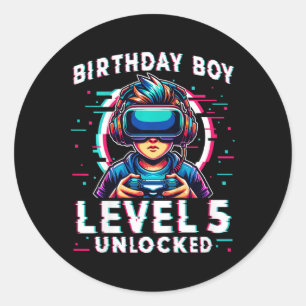 Level 5 Unlocked 5 Years Old Birthday Gamer Funny  Classic Round Sticker