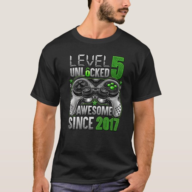 Level 5 Unlocked Awesome Since 2017 5th Birthday   T-Shirt (Front)