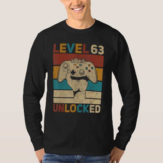 Level 63 Unlocked 63rd Birthday 63 Years Old Gamer T-Shirt (Front)