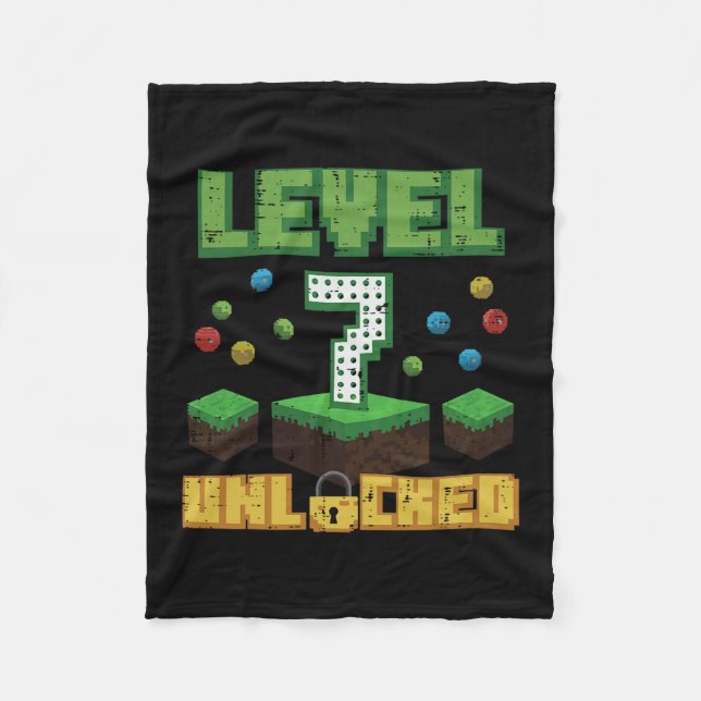 Level 7 Unlocked Pixel Gamer 7th Birthday Gaming B Fleece Blanket (Front)