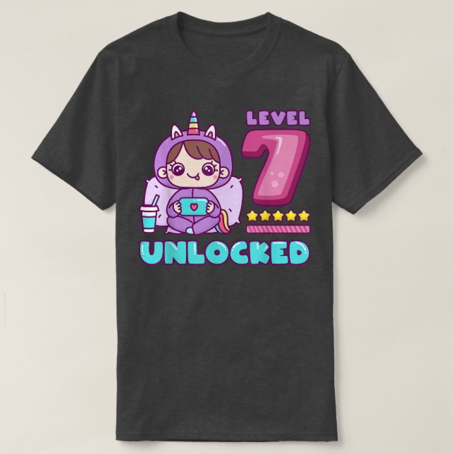 Level 7 Unlocked, Unicorn Gamer Girl Birthday 7  T-Shirt (Design Front)