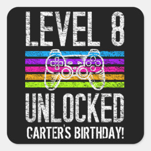 Level 8 Unlocked 8th Birthday Personalised Gamer Square Sticker