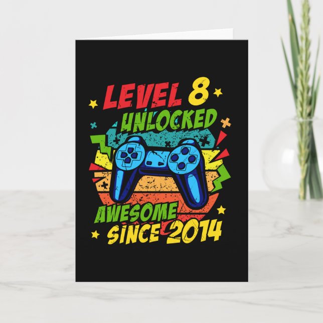 Level 8 Unlocked Awesome 2014 Game 8th Birthday Card (Front)