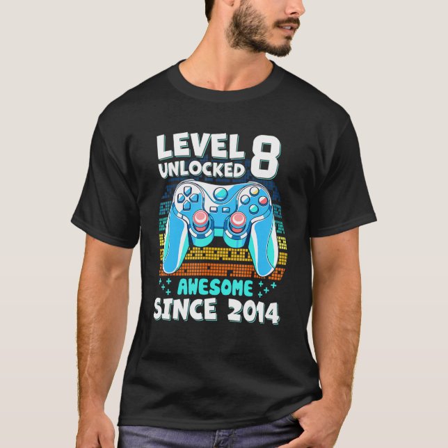 Level 8 Unlocked Awesome Since 2014 8th Birthday G T-Shirt (Front)