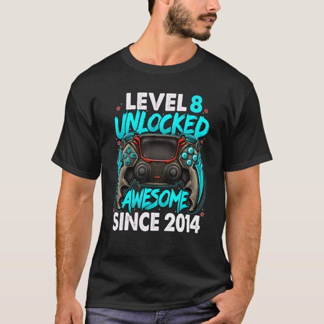 Level 8 Unlocked Awesome Since 2014 8th Birthday G T-Shirt (Front)
