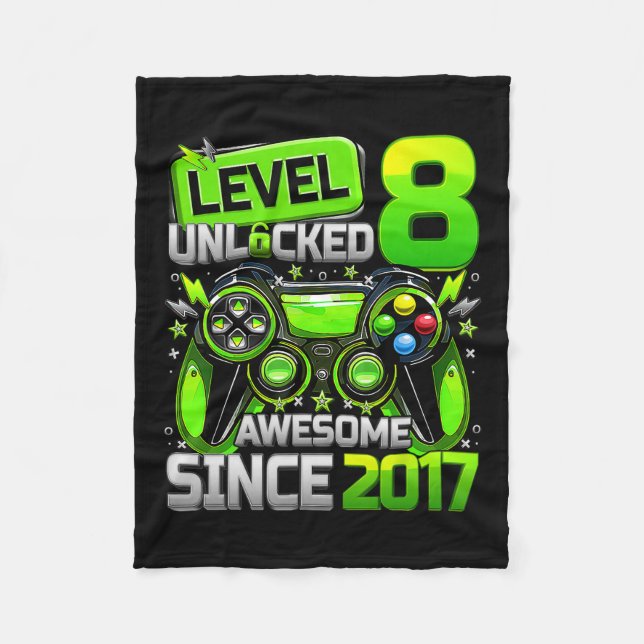 Level 8 Unlocked Awesome Since 8th Birthday Gaming Fleece Blanket (Front)