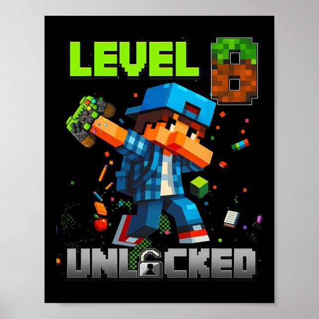 Level 8 Unlocked Funy Birthday Boy Pixel Gamer 8th Poster (Front)