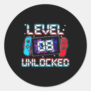 Level 8 Unlocked Gamer 8th Birthday Gift Video Gam Classic Round Sticker