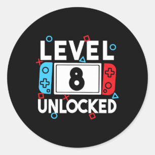 Level 8 Unlocked Gamer 8th Birthday Video Game Boy Classic Round Sticker